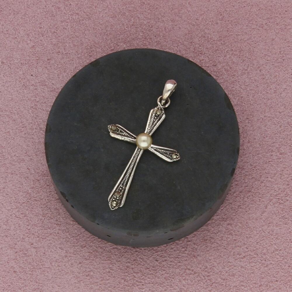 sterling silver vintage marcasite studded pearl cross pendant